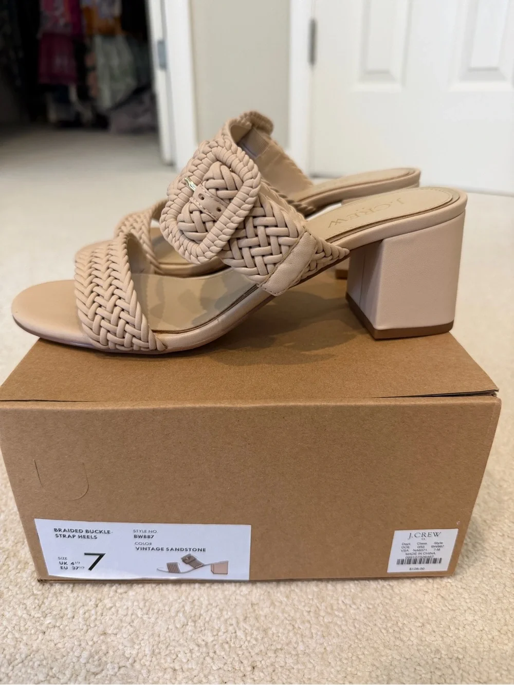 J. Crew Braided Buckle Block Heel Mule in Vintage Sandstone
